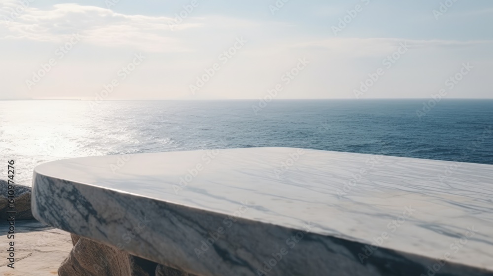 An empty white marble countertop against a blue sea background. Can be used to showcase products. Summer vacation by the sea, seascape. Generative AI