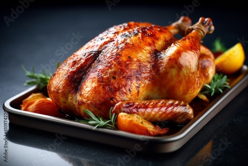 Macro detail close-up photography of a tempting roast chicken on a slate plate against a polished metal background. With generative AI technology