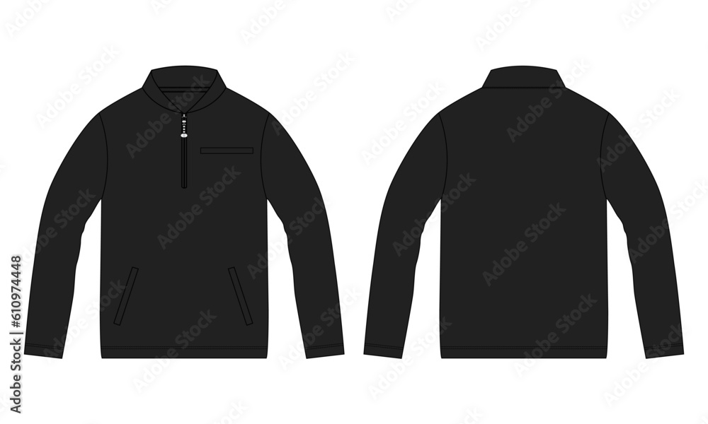 Long sleeve jacket with pocket and zipper technical fashion flat sketch vector illustration Black Color template front and back views. Fleece jersey sweatshirt jacket for men's and boys.
Long sleeve jacket with pocket and zipper technical fashion flat sketch vector illustration Black Color template front and back views. Fleece jersey sweatshirt jacket for men's and boys.