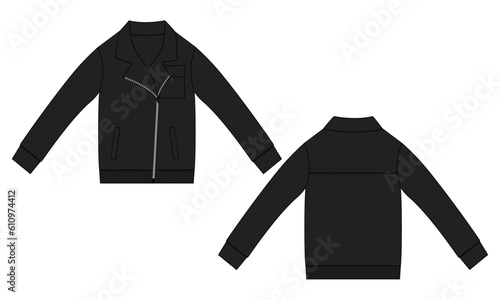 Long sleeve jacket with pocket and zipper technical fashion flat sketch vector illustration Black Color template front and back views. Fleece jersey sweatshirt jacket for men's and boys.
