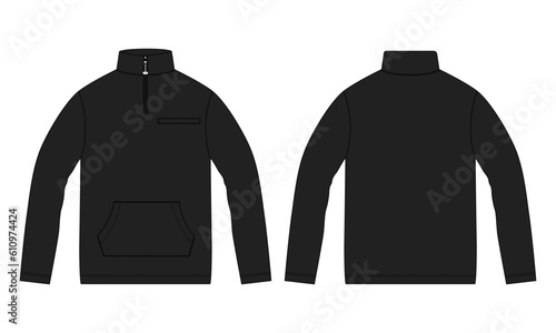 Long sleeve jacket with pocket and zipper technical fashion flat sketch vector illustration Black Color template front and back views. Fleece jersey sweatshirt jacket for men's and boys.
