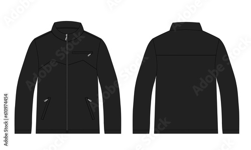 Long sleeve jacket with pocket and zipper technical fashion flat sketch vector illustration Black Color template front and back views. Fleece jersey sweatshirt jacket for men's and boys.
