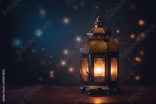 Radiant Ramadan lantern in a dark room with a dark and blurry image behind it, generative ai