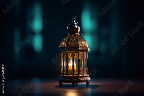 Radiant Ramadan lantern in a dark room with a dark and blurry image behind it, generative ai