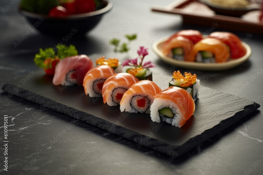 Detailed close-up photography of a tempting sushi on a ceramic tile against a granite background. With generative AI technology Detailed close-up photography of a tempting sushi on a ceramic tile against a granite background. With generative AI technology