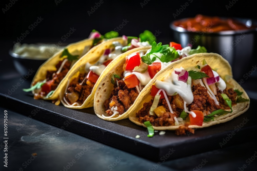 Close-up view photography of a tempting tacos on a slate plate against a granite background. With generative AI technology