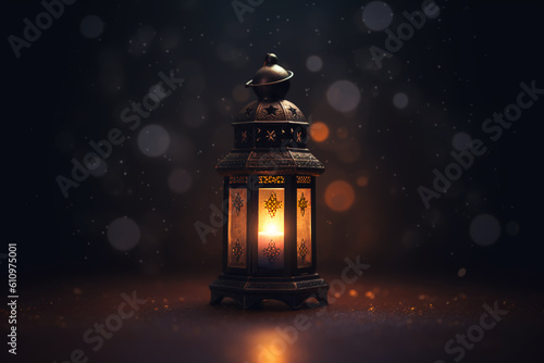 Radiant Ramadan lantern in a dark room with a dark and blurry image behind it  generative ai