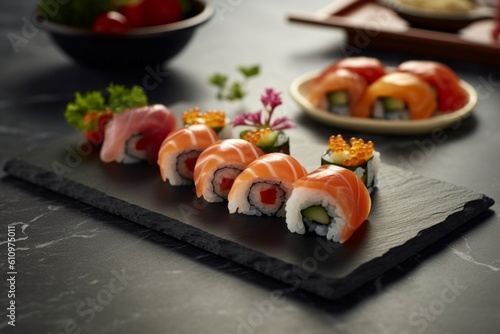 Detailed close-up photography of a tempting sushi on a ceramic tile against a granite background. With generative AI technology
