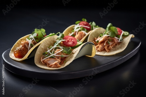 Close-up view photography of a tempting tacos on a slate plate against a granite background. With generative AI technology