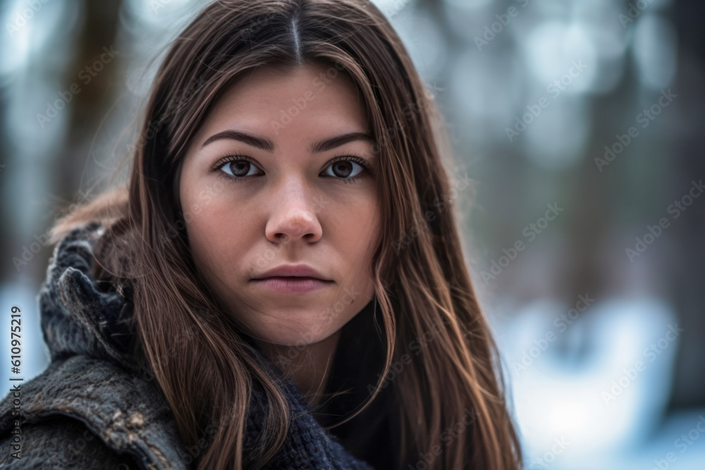 Young woman standing in the woods looking at the camera. Generative AI. Young woman standing in the woods looking at the camera. Generative AI.