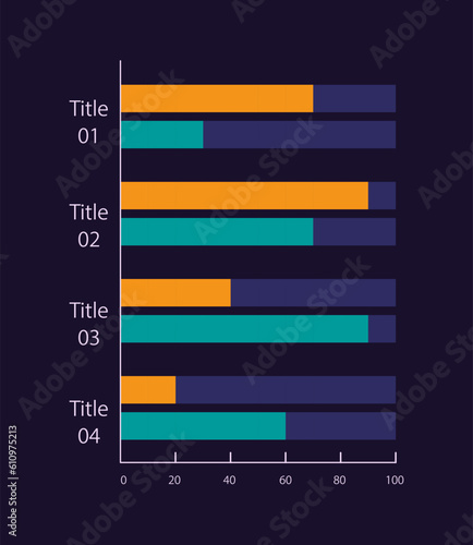 Clustered column infographic chart design template for dark theme. Four categories. Editable infochart with horizontal bar graphs. Visual data presentation. Myriad Pro-Bold, Regular fonts used
