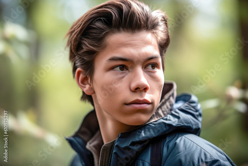 Close up of a teen boy out in the woods. Generative AI.