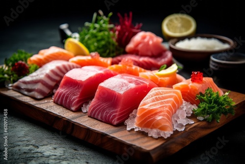 Highly detailed close-up photography of a tempting sashimi on a wooden board against a granite background. With generative AI technology