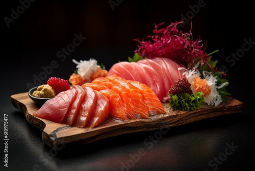 Highly detailed close-up photography of a tempting sashimi on a wooden board against a granite background. With generative AI technology