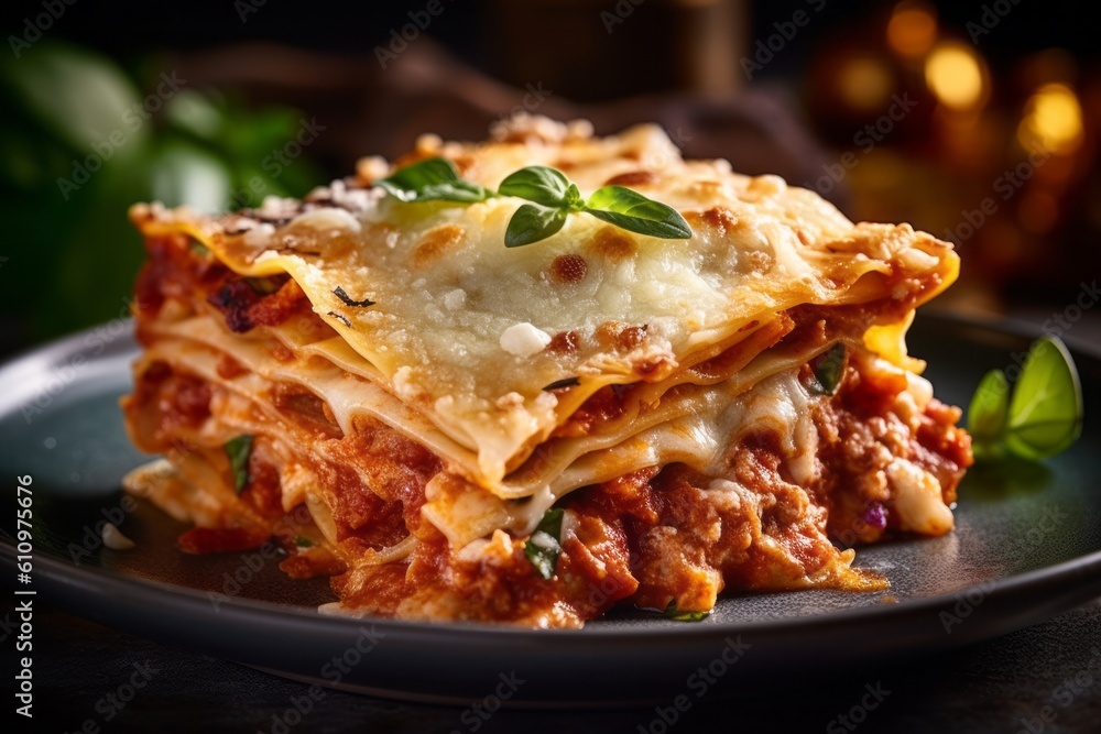 Highly detailed close-up photography of a tempting lasagna on a marble slab against a denim fabric background. With generative AI technology Highly detailed close-up photography of a tempting lasagna on a marble slab against a denim fabric background. With generative AI technology