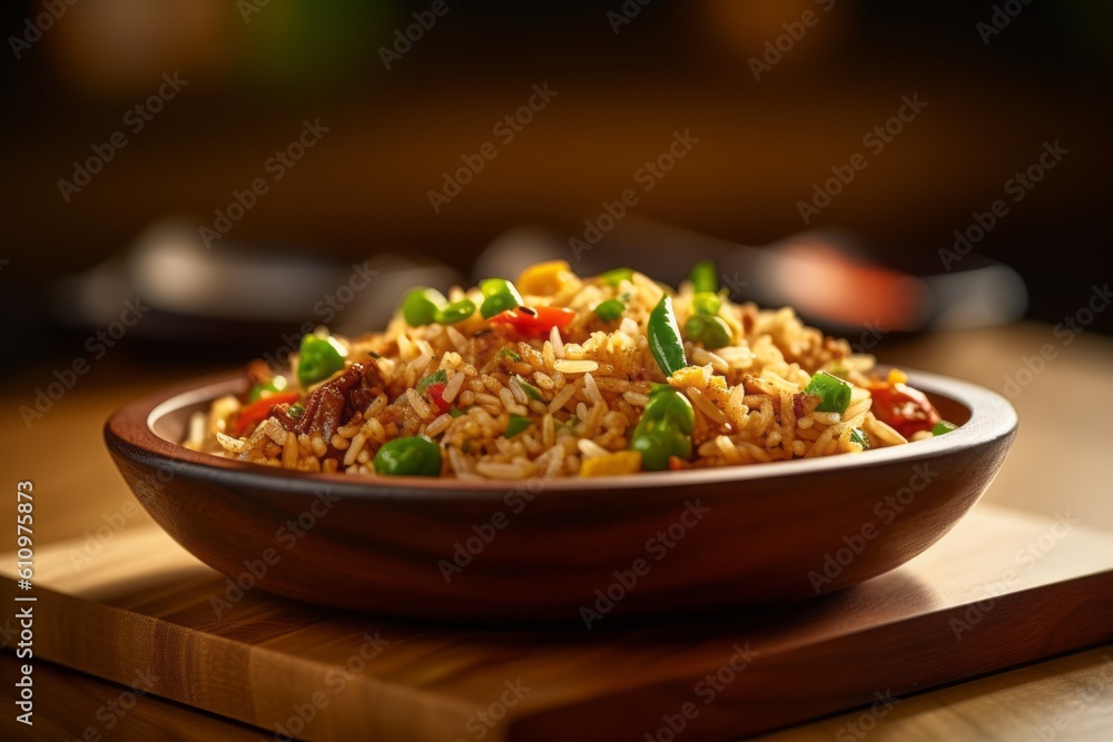 Close-up view photography of a tempting fried rice on a wooden board against a kraft paper background. With generative AI technology Close-up view photography of a tempting fried rice on a wooden board against a kraft paper background. With generative AI technology
