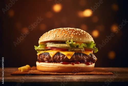 Close-up view photography of a tempting burguer on a marble slab against a kraft paper background. With generative AI technology