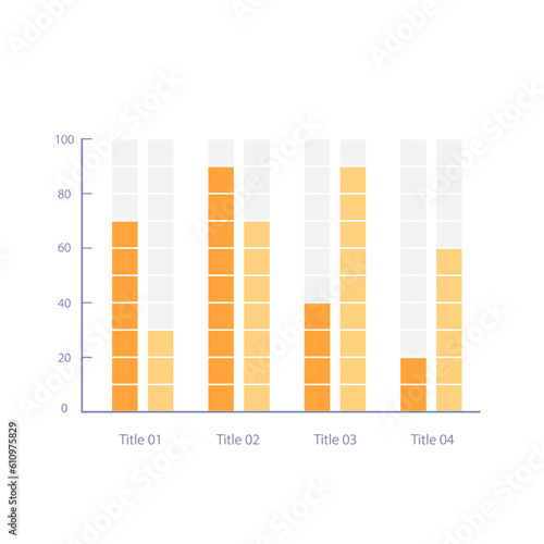 Grouped infographic chart design template with four titles. Growth indicators. Editable infochart with vertical bar graphs. Visual data presentation. Myriad Pro-Bold, Regular fonts used