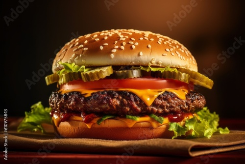 Close-up view photography of a tempting burguer on a marble slab against a kraft paper background. With generative AI technology