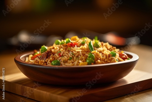 Close-up view photography of a tempting fried rice on a wooden board against a kraft paper background. With generative AI technology
