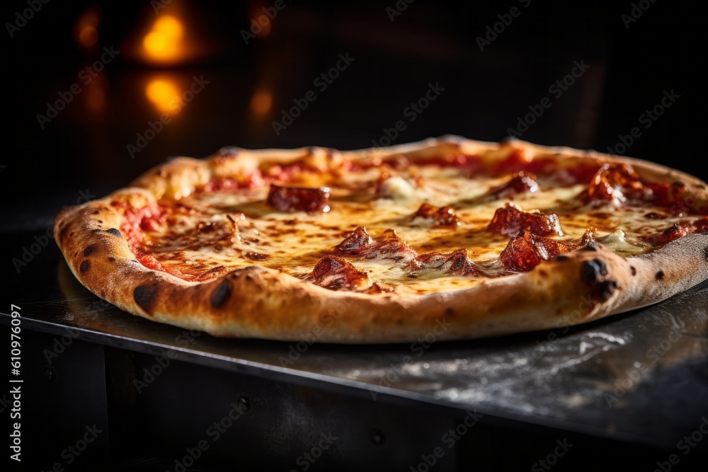 Macro view photography of a tempting pizza on a metal tray against an aged metal background. With generative AI technology