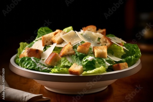 Highly detailed close-up photography of a tempting caesar salad on a marble slab against a kraft paper background. With generative AI technology