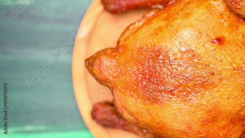 top pan honey roasted chicken close up at horizontal composition photo