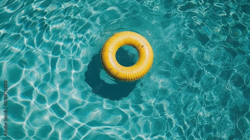 Floating inflatable yellow circle on the swimming pool, top view. Summer vacation by the pool. Generative AI