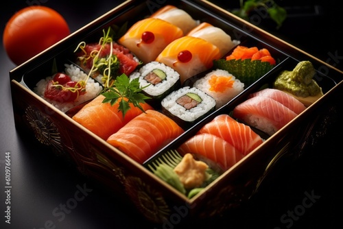 Macro view photography of a tempting sushi in a bento box against a sandstone background. With generative AI technology