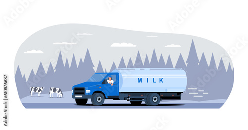 Milk carrier with driver rides against the backdrop of a countryside landscape with cows. Vector illustration.