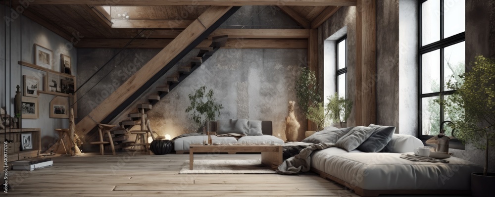 Banner - Living room in loft in Rustic design drawn from natural inspiration, using raw and often unfinished elements including wood and stone. Architecture and Real estate, AI generative