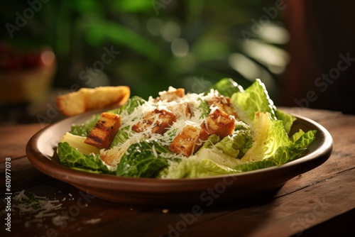 Close-up view photography of a tempting caesar salad on a palm leaf plate against a sandstone background. With generative AI technology