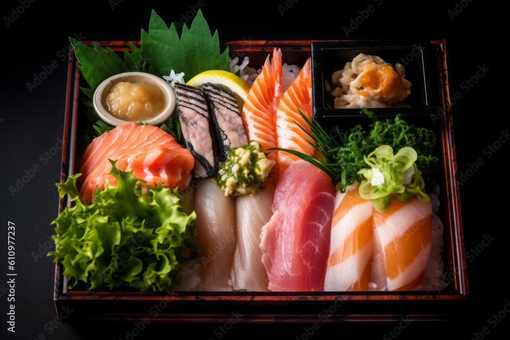 Highly detailed close-up photography of a juicy sashimi in a bento box against a sandstone background. With generative AI technology