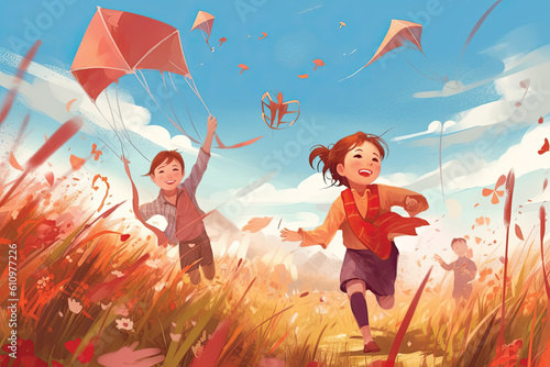 Illustration Children playing with kites in the meadow