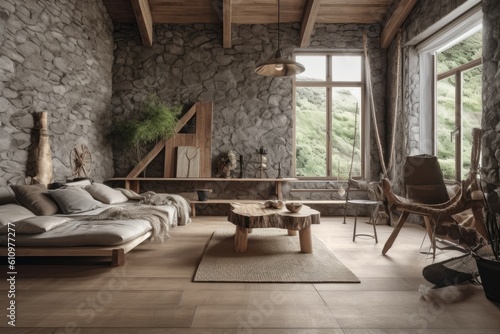 Living room in loft in Rustic design drawn from natural inspiration, using raw and often unfinished elements including wood and stone. Architecture and Real estate, AI generative