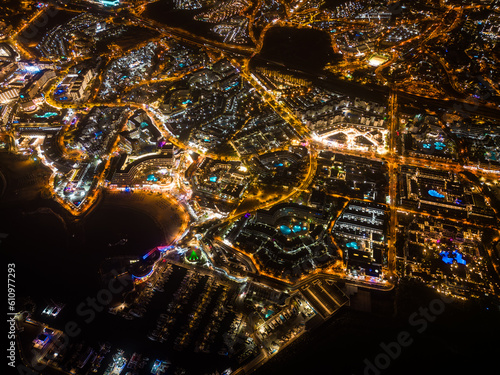 beautiful aerial view of illuminated night city with lights, Tenerife, Canary