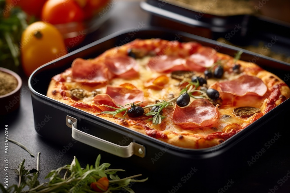 Close-up view photography of a tempting pizza in a bento box against a natural brick background. With generative AI technology
