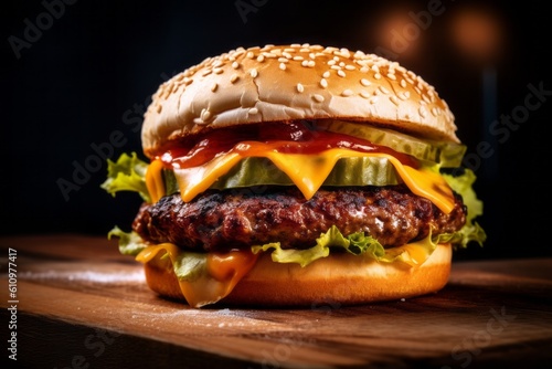 Macro view photography of an hearty burguer on a marble slab against a natural brick background. With generative AI technology