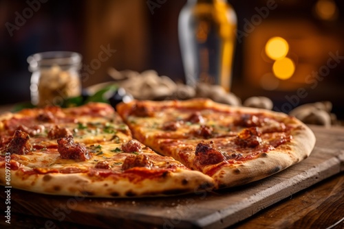 Rustic ambiance close-up photography of a tempting pizza on a wooden board against a natural brick background. With generative AI technology