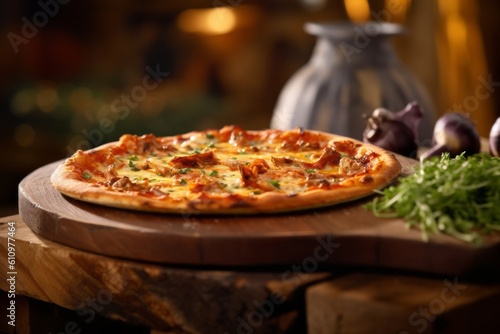 Rustic ambiance close-up photography of a tempting pizza on a wooden board against a natural brick background. With generative AI technology