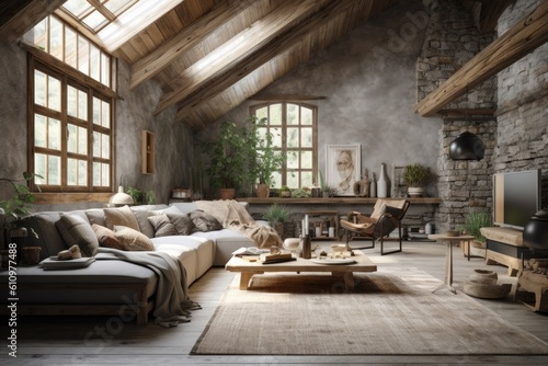Living room in loft in Rustic design drawn from natural inspiration, using raw and often unfinished elements including wood and stone. Architecture and Real estate, AI generative © Dalibor