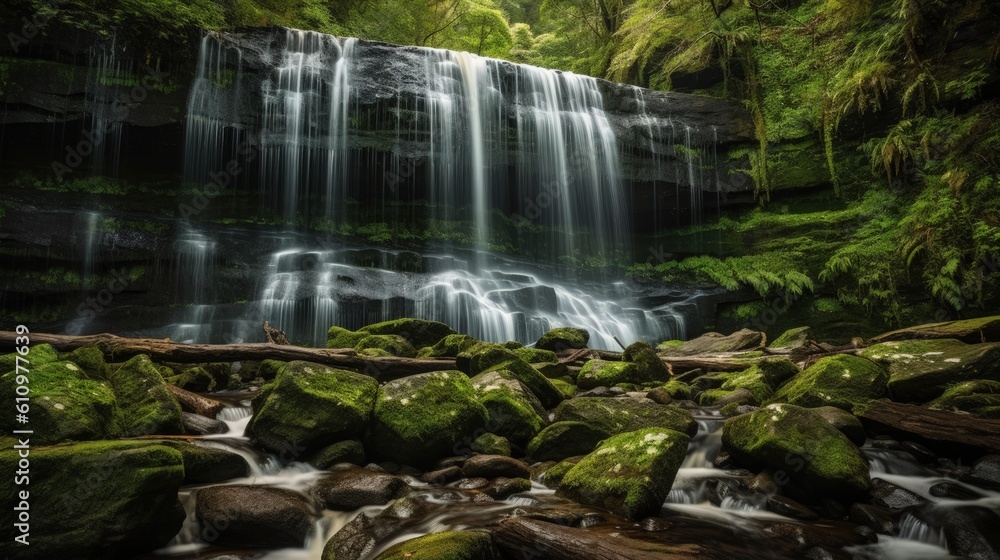 Small waterfall in the greenery. Beautiful landscape. Generative AI Small waterfall in the greenery. Beautiful landscape. Generative AI