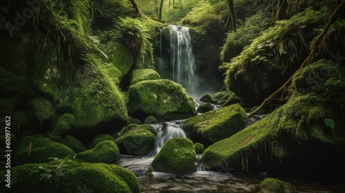 Small waterfall in the greenery. Beautiful landscape. Generative AI