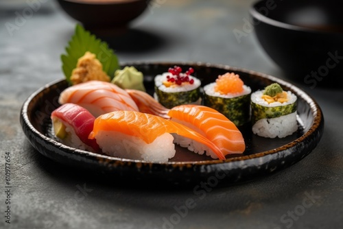 Detailed close-up photography of a tempting sushi on a porcelain platter against a natural brick background. With generative AI technology