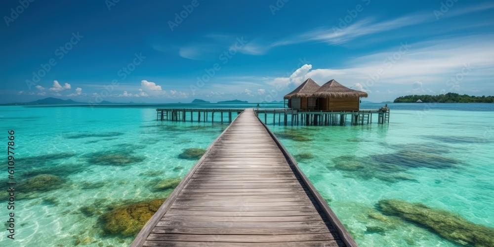 Summer vacation, a beach resort on a tropical paradise island. Villas on the water, a wooden pier over the azure sea leads to the villas. A luxurious tourist landscape. Generative AI