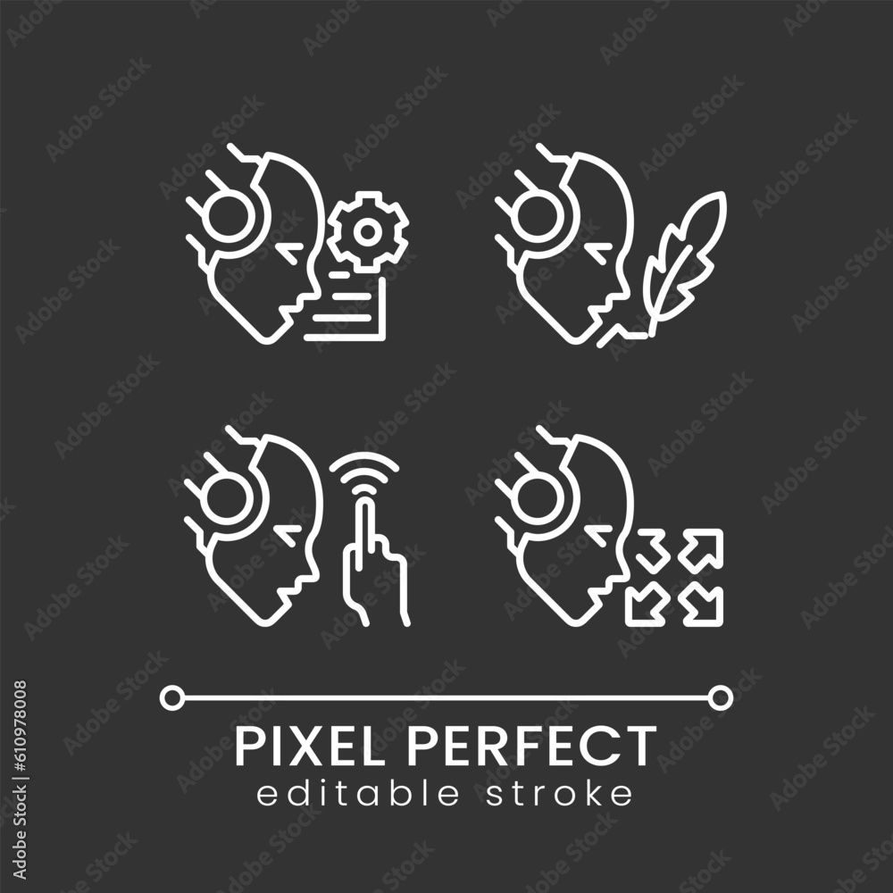 Artificial intelligence capabilities pixel perfect white linear icons set for dark theme. Machine learning. Night mode simple thin line symbols. Isolated outline illustrations. Editable stroke Artificial intelligence capabilities pixel perfect white linear icons set for dark theme. Machine learning. Night mode simple thin line symbols. Isolated outline illustrations. Editable stroke