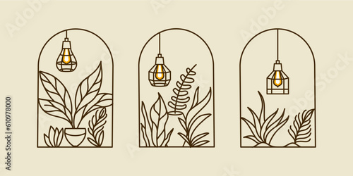 Boho Logos with tropical plant Leaves  on vase with pendant light lamp in Modern Minimalist Line Style. Vector Bohemian Labels for Creating Postcard, Posters, Invitation, Social Media Posts 
