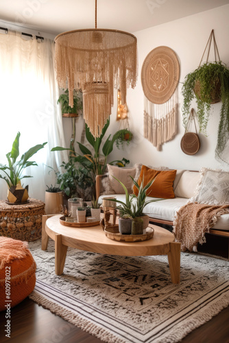 Boho style living room in earthy tones with plants, macrame, and woven textiles. Generative AI