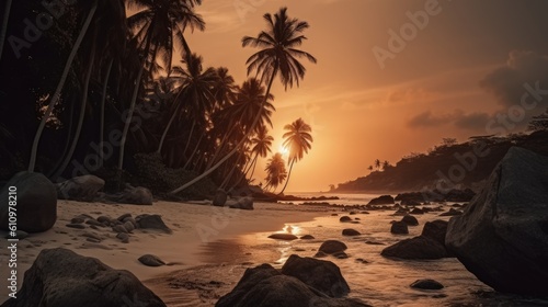 Exotic palm trees on the seashore. Sea waves and rocks on the beach. Summer vacation by the sea. Generative AI
