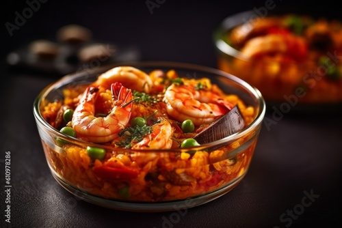Close-up view photography of a tempting paella in a glass bowl against a woolen fabric background. With generative AI technology